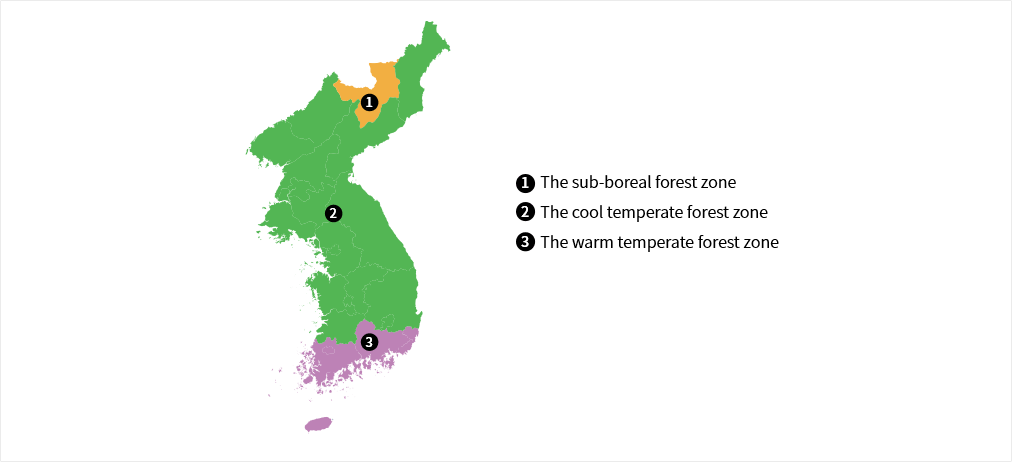 This map is 1.he sub-boreal forest zone 2.The cool temperate forest zone 3.The warm temperate zone